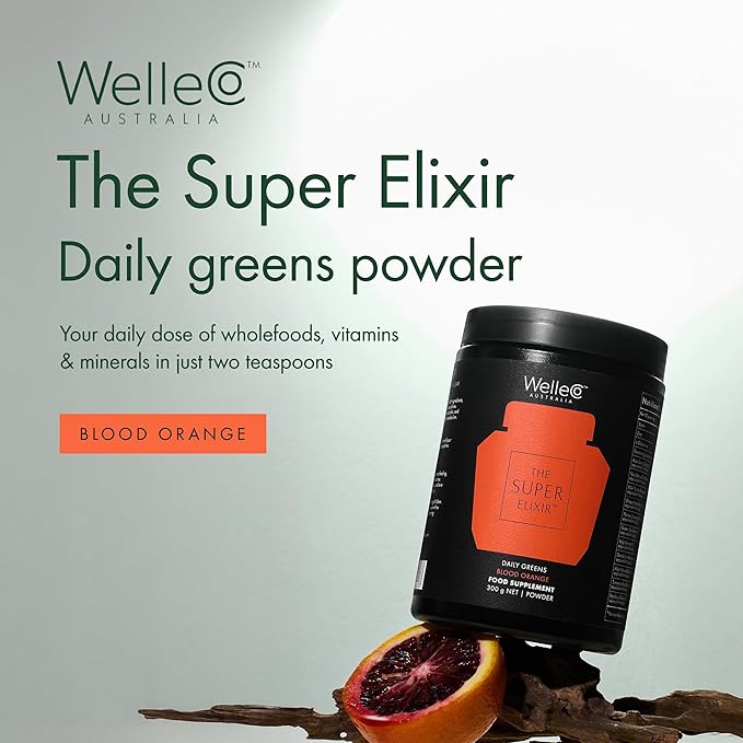 WelleCo The Super Elixir Daily Greens Powder Probiotic Drink Mix with Whole Foods Gluten Free Vegan Gut Health Powder Energy Immunity Healthy Skin Hair &amp Nails (Jar Blood Orange)