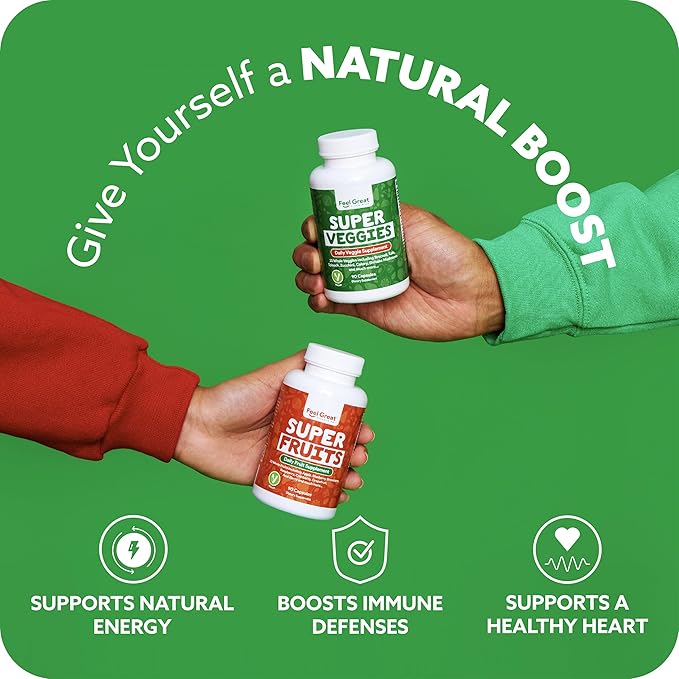 Feel Great Fruit and Vegetable Supplements | 20+ Super Reds &amp Greens for Natural Energy Support | Vegan Fruit and Veggie Vitamins | 2 Pack of 90 Count Each