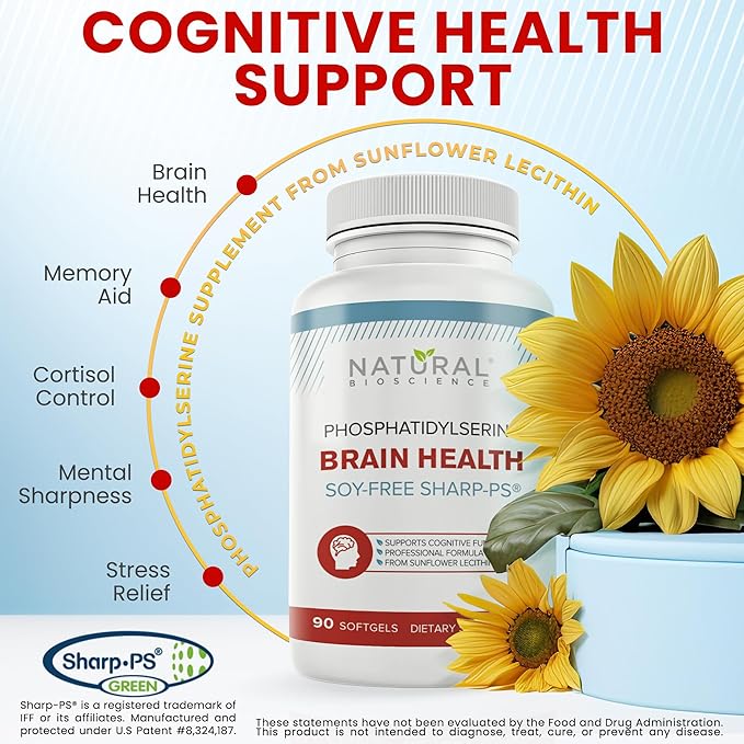 Soy Free Phosphatidylserine 100mg Softgel - PS Supplement Boosts Memory Focus Problem Solving Cortisol Control. Natural Sunflower Lecithin Patented Sharp PS-Green. Non-GMO 60 Softgels