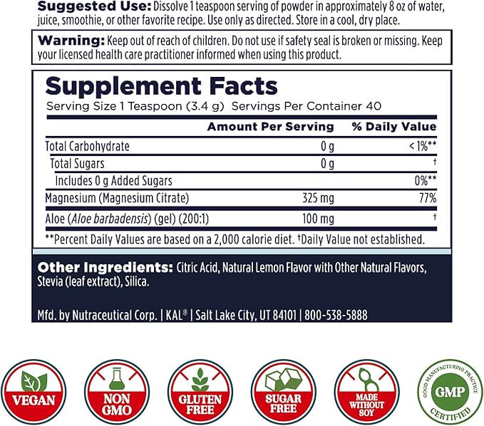 KAL Gut Magnesium Plus Aloe Vera Powder - Lemon Drink Mix - Magnesium Citrate Supplement with Aloe Vera Gel for Digestion &amp Relaxation Support - No Sugar - 60-Day Guarantee 40 Servings 4.8 OZ