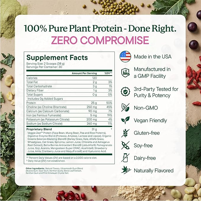 Nutranelle Vanilla Protein Powder - 25g Vegan Protein Powder with Greens - Unsweetened &amp Gluten Free Plant Based Protein - Gluten Free Nutrition Made in USA - Perfect for Smoothies Shakes &amp R