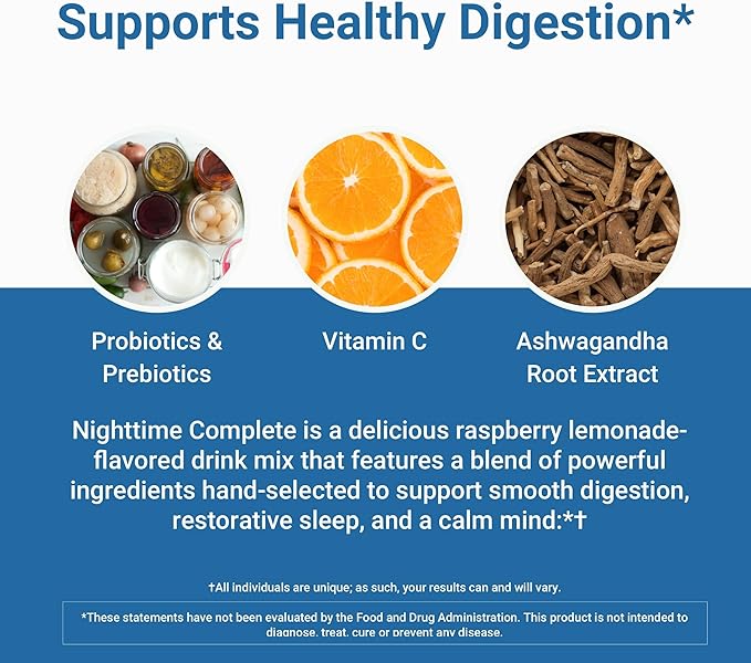 Nighttime Complete by Activated You Daily Wellness Drink for Gut Health with Ashwagandha - Raspberry Lemonade with Prebiotics Probiotics Vitamin C - Supports Relaxation &amp Digestion Plant-Based