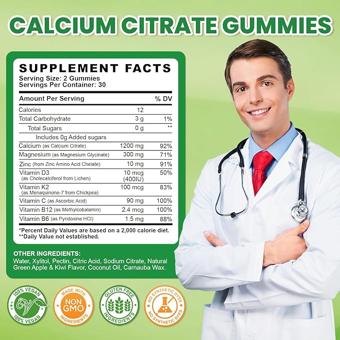 Calcium Citrate Gummies - 1200mg Calcium Gummies Supplements for Women &amp Men with Vitamin D3 K2 Magnesium Zinc High Absorption for Bone Muscle &amp Immune Support Apple &amp Kiwi Flavor 12
