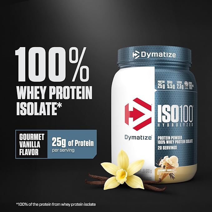 Dymatize ISO100 Whey Protein Powder Isolate Gourmet Vanilla 25g of Protein 5.5g BCAAs Less Than 120 Cal. Gluten Free 1g Fat 1g Sugar 2g Carb (20 Servings)