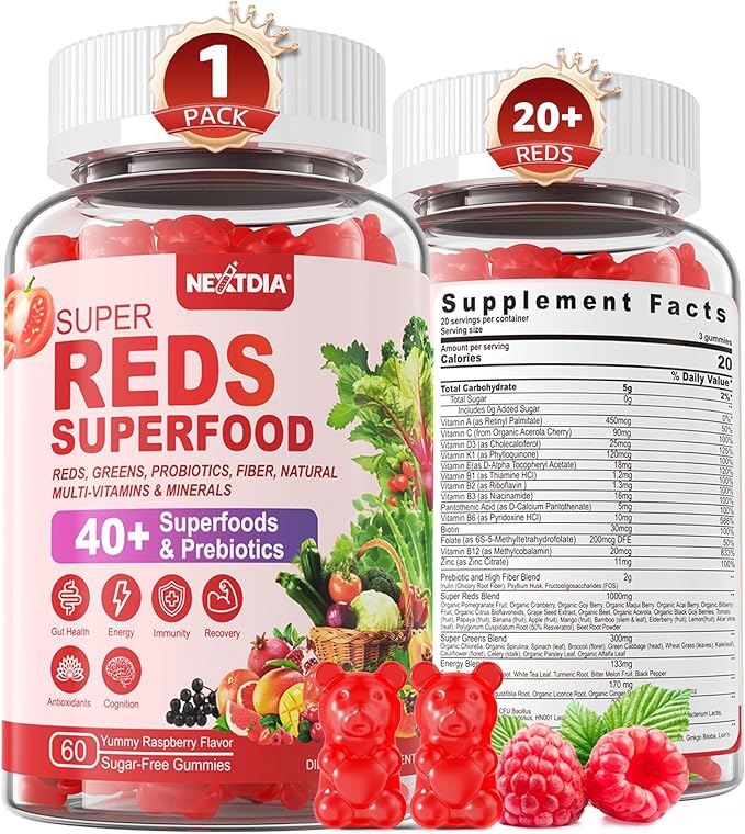 Super Reds Gummies Fruit and Veggie Supplement w/40+ Superfoods Polyphenol Fruits Berries Super Greens Beet Root Powder Alternative Support Energy Antioxidants Gut Health Immunity 60Cts