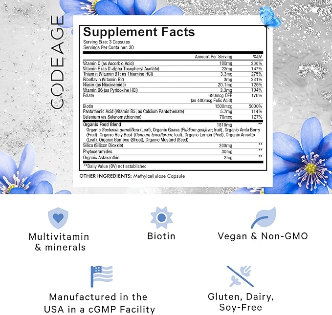 Codeage Biotin Supplement with Vitamin C Vitamin E Vitamin B6 Niacin Folate Organic Food Blend Phytoceramides Astaxanthin Selenium - Beauty Tonic - Hair Skin and Nail Support - Vegan 90 Ct