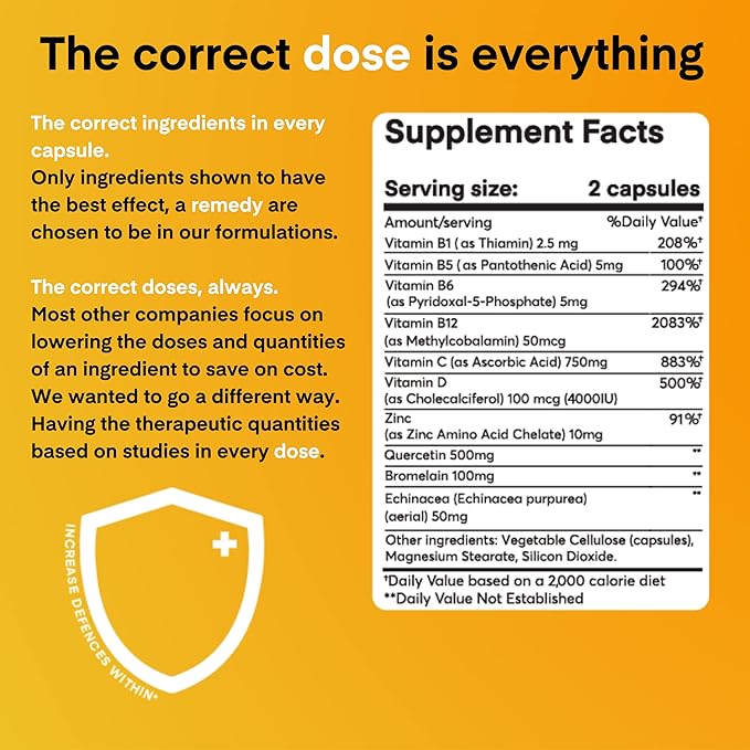 A Dose of Immunity Quercetin with Vitamin C and Zinc Vitamin D 500mg Quercetin Bromelain with Echinacea &amp B Vitamins (60 Count)