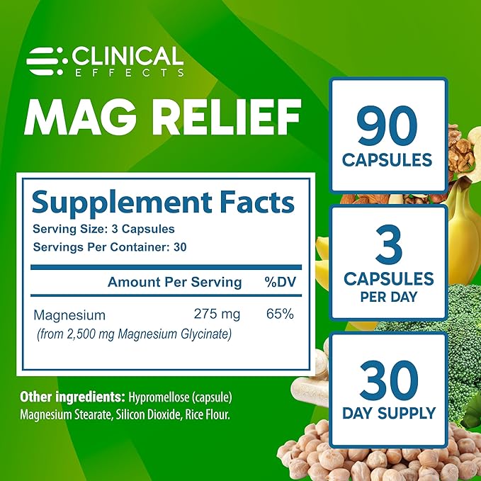 Clinical Effects Mag Relief Magnesium Supplement - 275mg Pure Magnesium Glycinate Capsules - 90 Magnesium Capsules - Quality Magnesium for Cramp Defense Bone Muscle and Nerve Support - USA Made