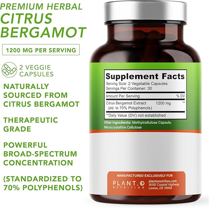 Citrus Bergamot Supplement 1200mg Highly Concentrated to 70% Polyphenols - Pure Bergamot Extract for Heart Health Immunity Antioxidant - 60 Veggie Capsules Made in USA