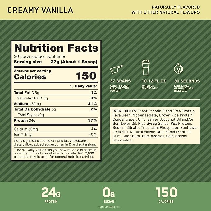 Optimum Nutrition Gold Standard 100% Plant Based Protein Powder Gluten Free Vegan Protein for Muscle Support and Recovery with Amino Acids - Creamy Vanilla 20 Servings (Packaging May Vary)