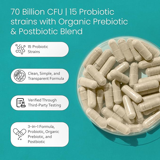 NaturaLife Labs Probiotics 70 Billion CFU – 15 Strains with Organic Prebiotic &amp Postbiotic – 3-in-1 Formula – 30 Vegan Capsules (2 Pack)