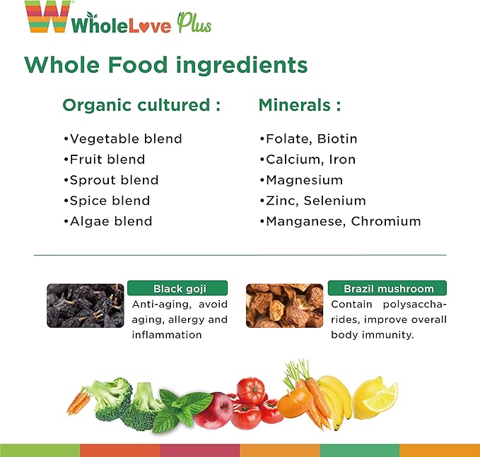 NOTO WholeLove Plus Men's Organic WholeFood Multivitamin Health Supplements for Immune Support Vitamin Vegan Friendly 60 Tables