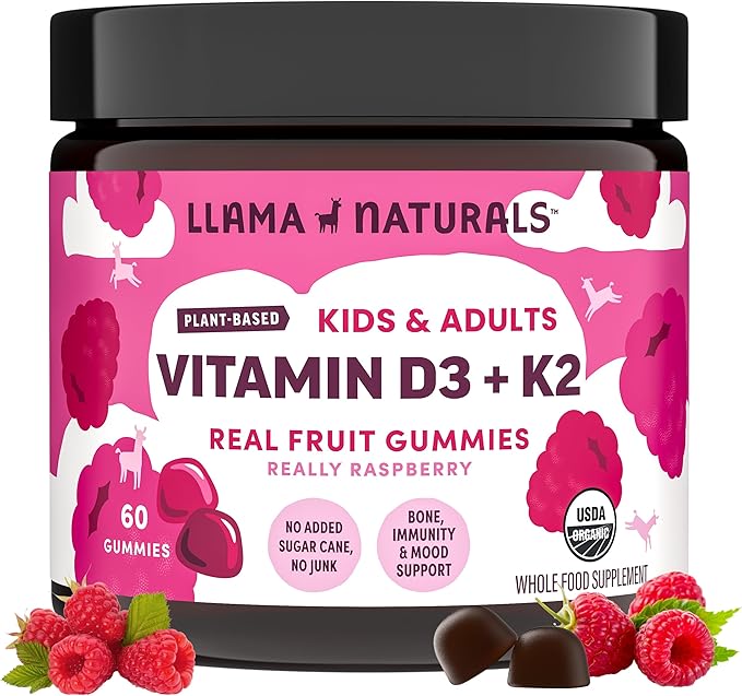 Llama Naturals Vitamin D3 Vegan Organic Immune Support Supplement Vitamin D Gummies for Adults and Kids Real Fruit Gummy Vitamins Promotes Bone Health No Added Sugar Cane Raspberry 60 Ct