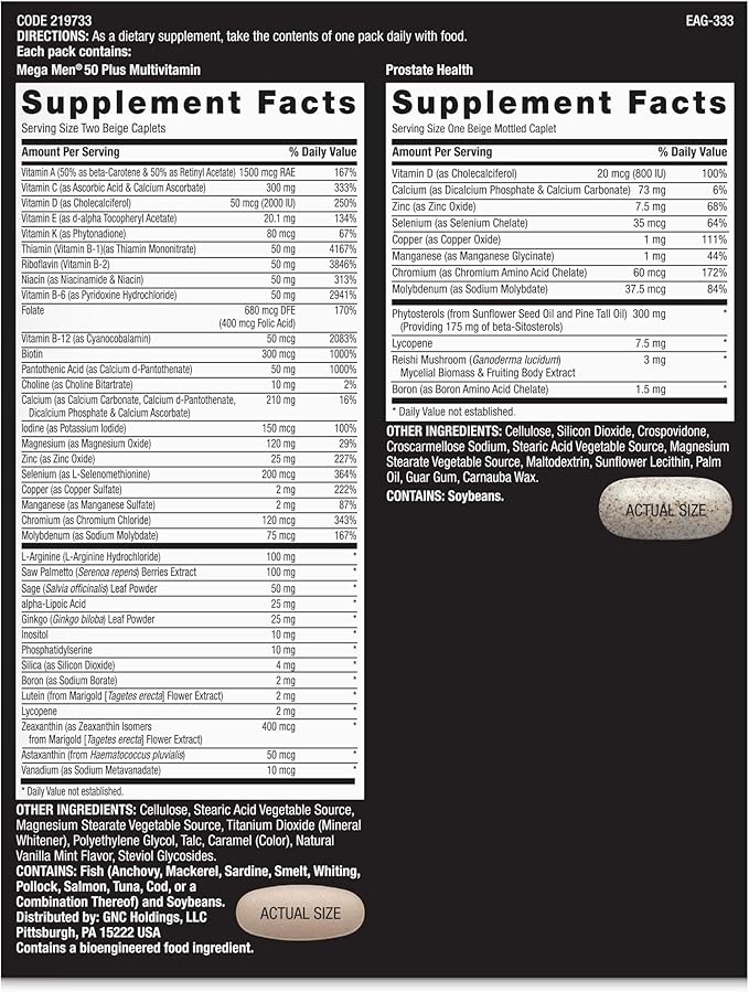 GNC Mega Men 50 Plus Vitapak Program Convenient Complete Nutrition 5 Products in 1 Vitamin Pack Multivitamin Fish Oil Mental Sharpness Ginkgo Prostate Health 30 Packets 30 Day Supply