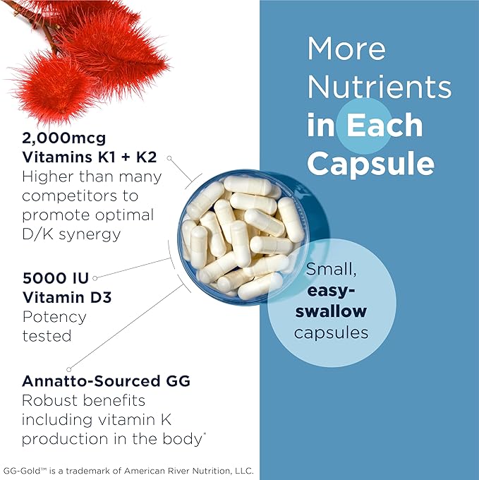 Designs for Health Vitamin D Supreme - Vitamin D 5000 IU with 2000mcg Vitamin K as MK4 for Bone Health Heart Health Mood &amp Immune Support - Vitamin D3 Enhanced with GG Supplement (60 Capsules)