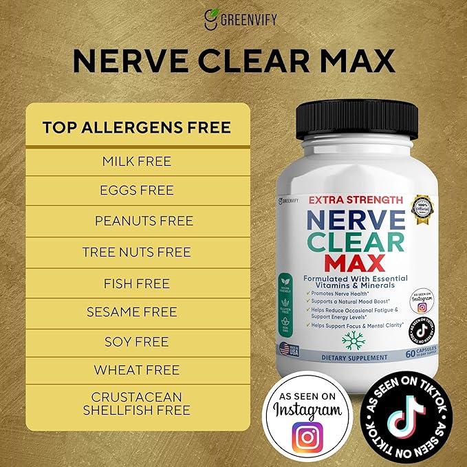 Nerve Clear Max Extra Strength Essential Vitamins &amp Minerals Nerve Health Support 60 Capsules 30-Day Supply (3)