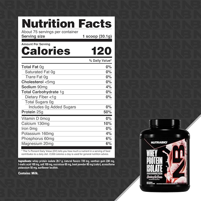 NutraBio 100% Whey Protein Isolate Powder 25g with Complete Amino Acid Profile Soy and Gluten Free Low Carb and Low Calorie Strawberry Ice Cream 5 Lbs