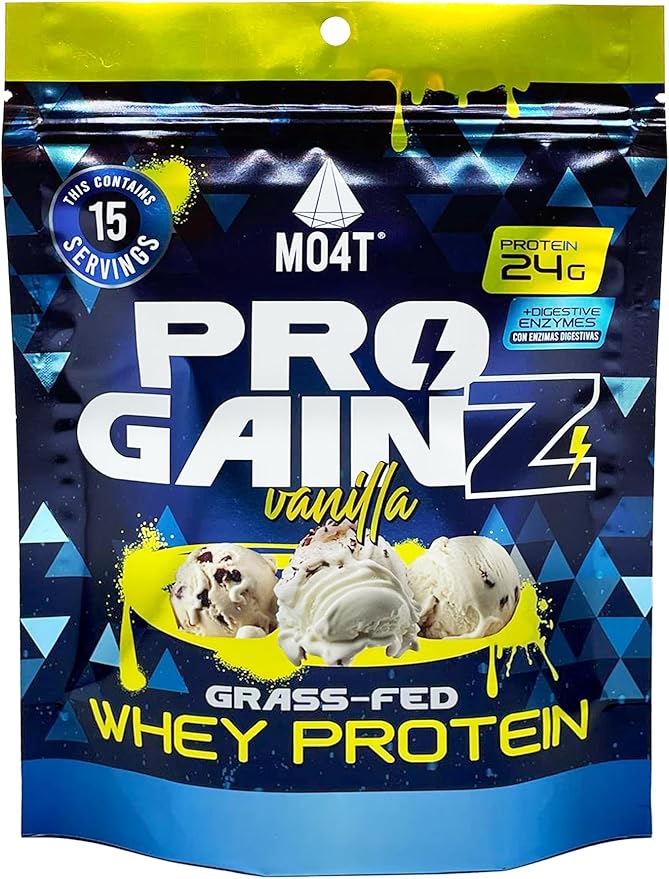 MO4T ProGainz - Grass-Fed Whey Protein Concentrate Powder - Whey Concentrate with Digestive Enzymes - 24g of Whey Concentrate Protein per Serving- Proteina para ganar masa Muscular