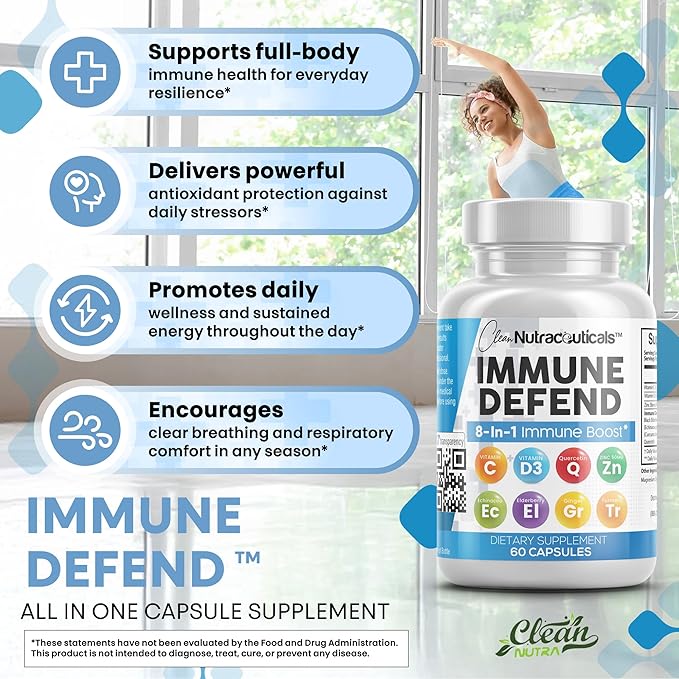 Immune Defense Support Supplement 8 in 1 w/ Zinc 50mg Quercetin Vit C 1000mg Vitamin D3 5000 IU Elderberry Turmeric Curcumin Ginger Echinacea - Immunity System Booster Adults Vegan - 60Ct (2)