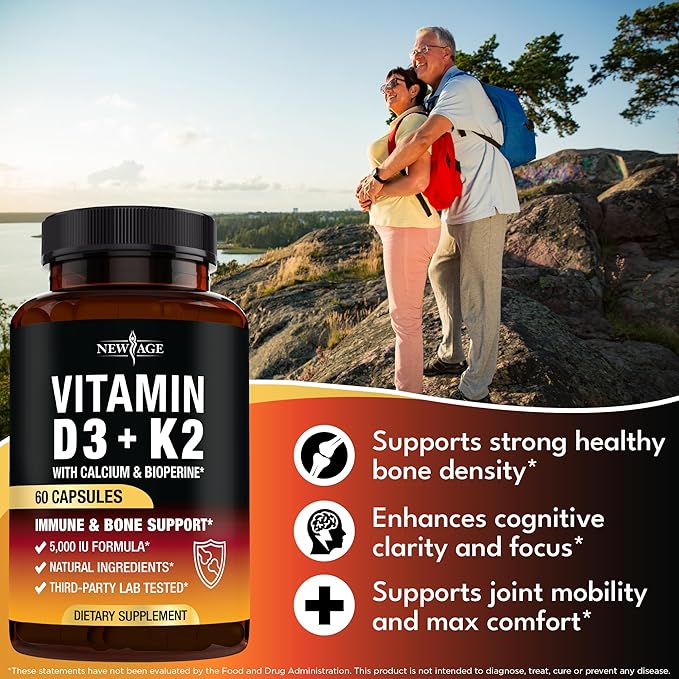 NEW AGE Vitamin D3 5000 IU + K2 MK-7 100 mcg - 2-in-1 Bone Immune &amp Heart Support Easy to Swallow Non-GMO - 120 Capsules