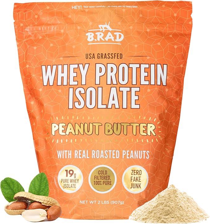 B.rad Grass Fed Whey Protein Isolate | Ultra-Pure All-Natural Clean Ingredients | 2 Pounds | 100% USA Sourced | Peanut Butter