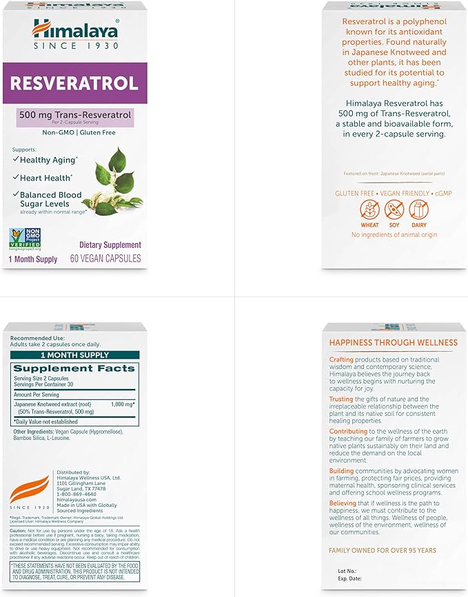 Himalaya Resveratrol for Healthy Aging and Antioxidant Support 1000 mg of Resveratrol with 500 mg Trans-Resveratrol Daily 60 Vegan Capsules 1 Month Supply