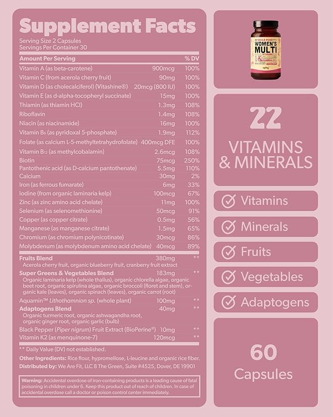 Multivitamin for Women - Daily Women’s Multivitamin - Methylated B Complex with Whole Food Ingredients Vitamin B12 Folate A C D3 E K2 Organic Fruits &amp Vegetables - Vegan Non-GMO - 60 Caps