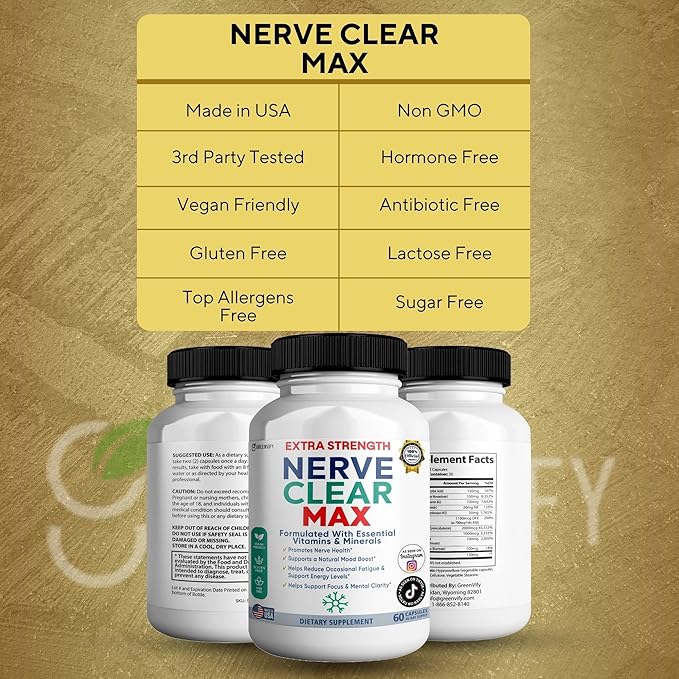 Nerve Clear Max Extra Strength Essential Vitamins &amp Minerals Nerve Health Support 60 Capsules 30-Day Supply (3)