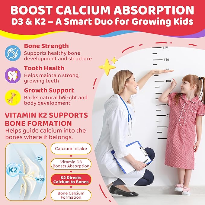 Vitamin D3 K2 + Calcium Liquid-filled Gummies for Kids &amp Teens 1000IU / 2000IU D3 with Magnesium Algal Omega 3 Kids Vitamins for Bones &amp Teeth Calcium Absorption Brain Immune Sugar-Free