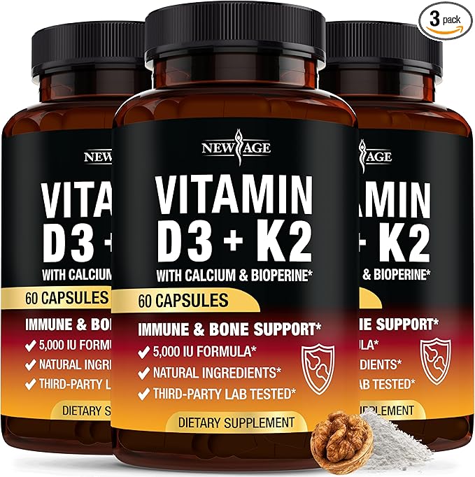 NEW AGE Vitamin D3 5000 IU + K2 MK-7 100 mcg - 2-in-1 Bone Immune &amp Heart Support Easy to Swallow Non-GMO - 180 Capsules