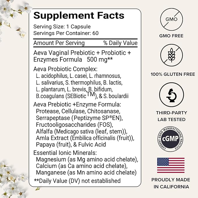 Aeva Vaginal Probiotic: Probiotics + Prebiotics + Enzymes + Fulvic Acid – Supports Vaginal Microbiome Health Yeast Balance Candida &amp Gut Wellness – Functional Medicine Formula – Made in Californ