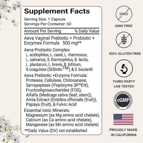 Aeva Vaginal Probiotic: Probiotics + Prebiotics + Enzymes + Fulvic Acid – Supports Vaginal Microbiome Health Yeast Balance Candida &amp Gut Wellness – Functional Medicine Formula – Made in Californ