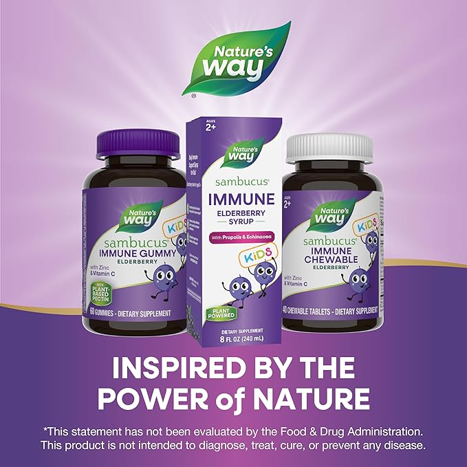 Nature's Way Sambucus Elderberry Immune Syrup for Kids Ages 2+Echinacea &amp Propoliswith Superfood Antioxidants(1)Immune Support Syrup*VegetarianBerry Flavored8 Fl Oz(Pack of 2)