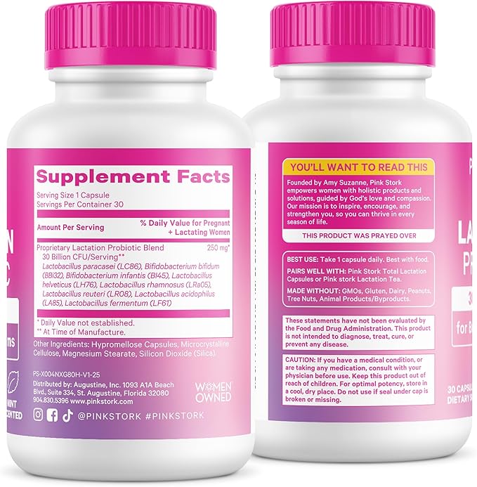 Pink Stork Lactation Probiotic - 30 Billion CFUs Multi Strain Postnatal Probiotics for Breastfeeding Women - Support Breast Milk &amp Gut Health Postpartum Essentials Mint Essence 30 Capsules
