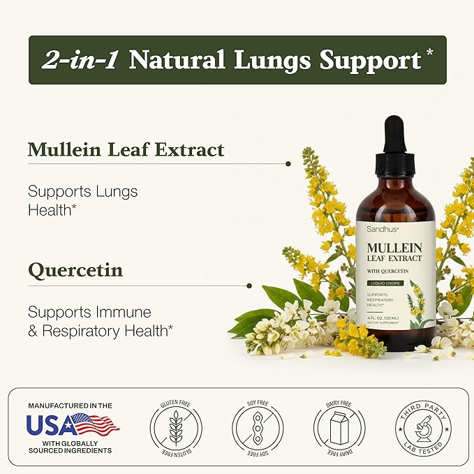 Sandhu's Mullein Drops for Lungs | Mullein Leaf Extract Supplement for Immune Lung &amp Respiratory Health Support | Alcohol Free Natural Herbal Tincture | 4 fl oz 2 Months Supply