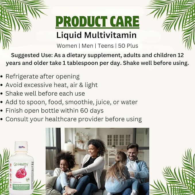 Go Healthy Liquid Vitamins for Women Men Teens | Vegan Vitamin &amp Mineral | High Absorption | Premium Liquid Multivitamin | Immune Support | Raspberry - 32 Servings