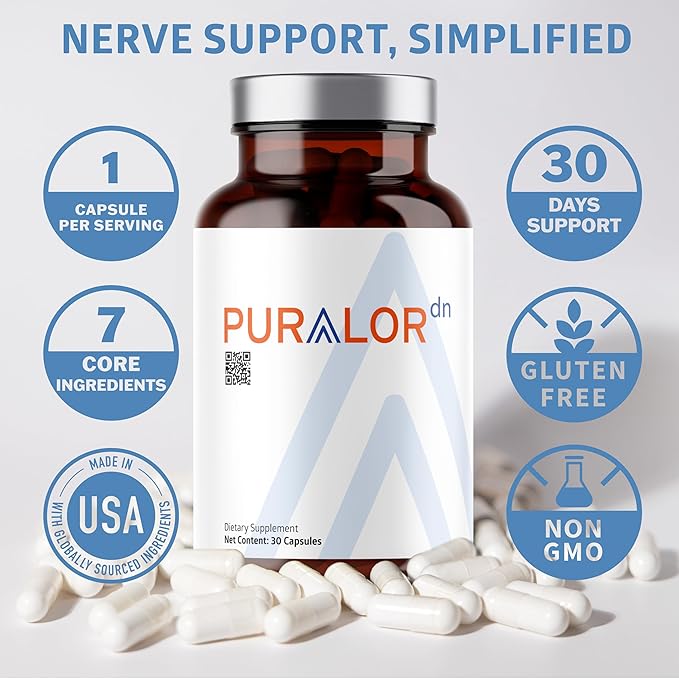 Puralor DN Nerve Support Supplement Advanced Neuropathy Support Supplement with Alpha Lipoic Acid CoQ10 Folate Vitamin B12 and Vitamin D3 Non-GMO Vegan 30 Capsules