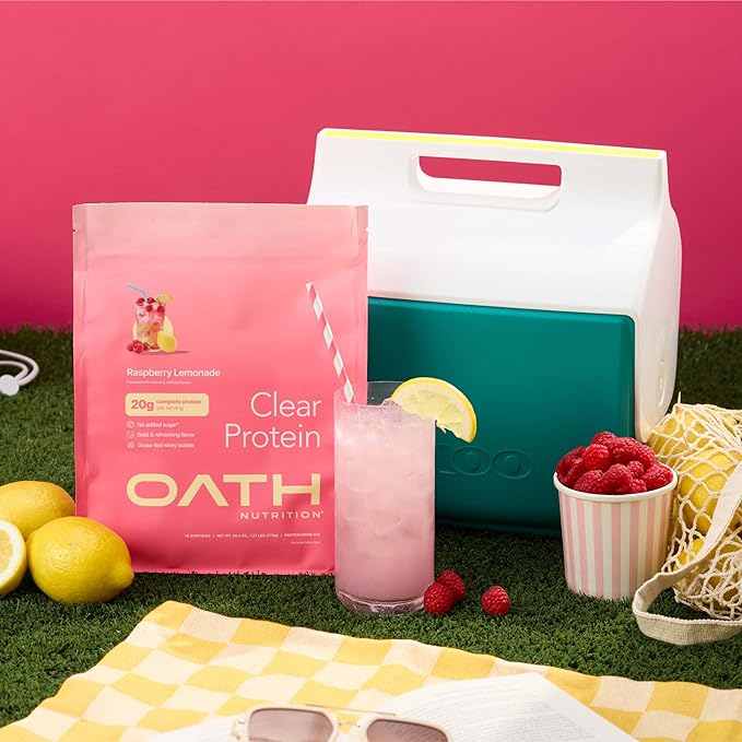 Oath Nutrition Clear Whey Isolate Protein Powder Raspberry Lemonade 20g Complete Protein per Serving No Added Sugar Grass-Fed 18 Servings