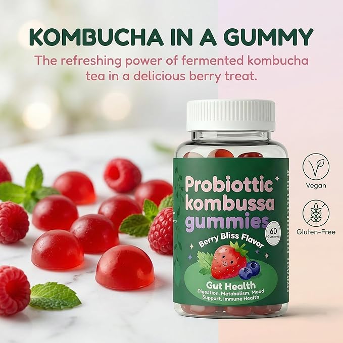 Kombucha Gummies Support Gut Health Prebiotics Probiotics Postbiotics Blend Sugar Conscious Easy to Take Digestive Support 60 Gummies (1pcs)