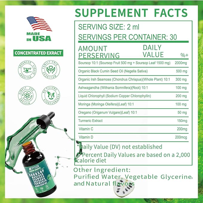 Soursop Pure Liquid Drops 10 in 1 with Sea Moss Moringa Turmeric Black Seed Oil Oregano Ashwagandha | Herbal extracts for Overall Health | Vegan Non-GMO | 4 Fl Oz