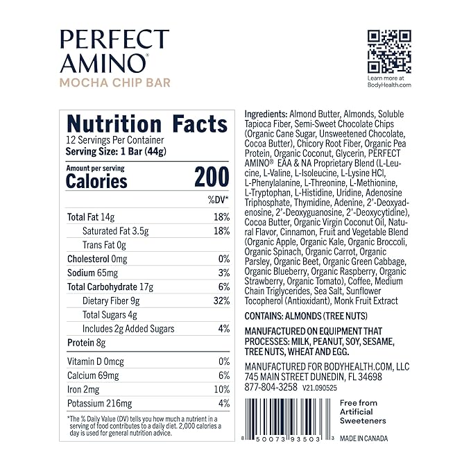 BodyHealth PerfectAmino Bar – Protein Energy Snack with 10g Protein Plant-Based MCTs Superfood Blend Non-GMO Gluten Dairy &amp Soy Free (Mocha 12 Pack)