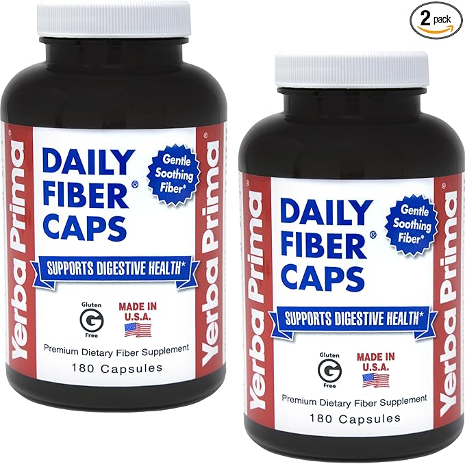 Yerba Prima Daily Fiber Formula - 180 caps (Pack of 2) - Soluble &amp Insoluble Dietary Fiber Supplement - Colon Cleanse - Gut Health - Vegan Non-GMO Gluten-Free