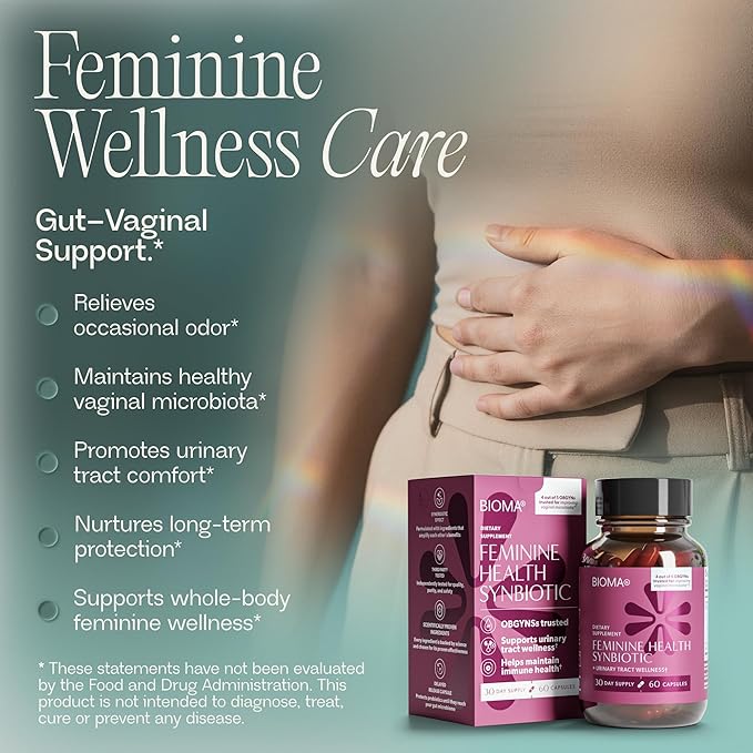 BIOMA Feminine Health Synbiotic - Women's Health Supplement for Healthy Vaginal pH Urinary Tract &amp Digestive Support - with Probiotics Cranberry &amp Tributyrin - 60 Capsules (30-Day Supply)
