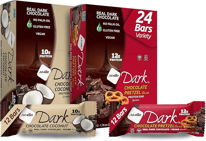 NuGo Dark Variety - Pretzel with Sea Salt 12 Bars &amp Dark Coconut 12 Bars 10-12g Protein Bar Vegan Gluten Free Non-GMO Kosher Pareve 24 Count