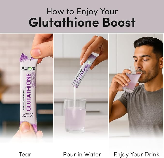 Aurora Nutrascience Nano-Liposomal Glutathione Grape Powdered Drink Mix Immune &amp Antioxidant Gut Health Support Supplement 750 mg per Serving Non-GMO Sugar-Free 10 Single Serve Packets