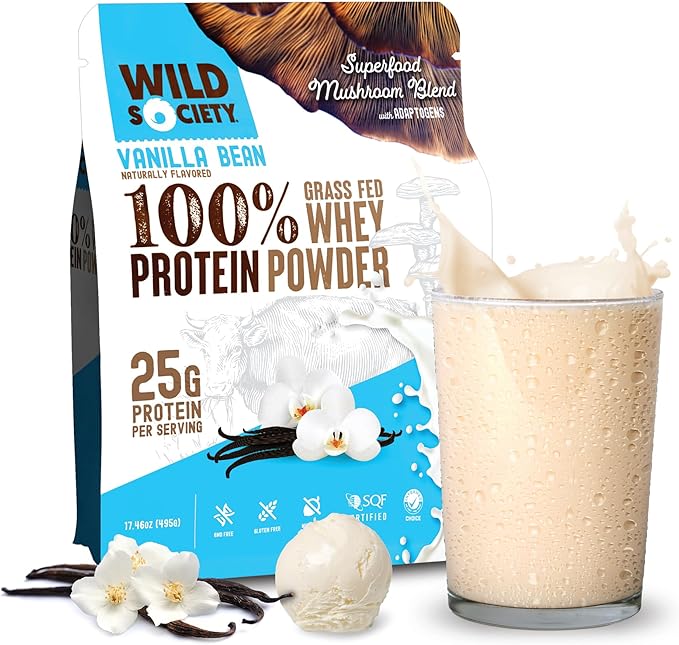 WILD SOCIETY - Top Flavor Mulitpack - 100% Grass Fed Whey Protein Powder + Superfood Mushrooms &amp Adaptogens - 25g Protein Clean Protein Powder 0 Added Sugar Non GMO Gluten Free -