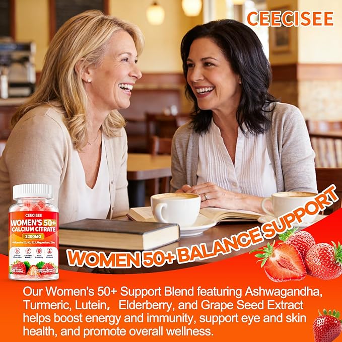 50+ Women's Calcium Citrate Gummies: Sugar Free 1200 mg Calcium Supplements for Women Plus Vitamin D3 K2 B12 B6 Magnesium Zinc - Vegan Calcium Gummy Support Immune Energy Health (60Count)