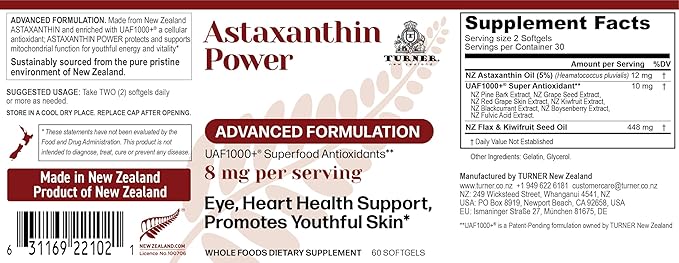 TURNER New Zealand Astaxanthin Power with UAF1000+ Anti-Aging Skin Eye Nerve Muscle Recovery Immune Support Antioxidant Supplement 12mg Astaxanthin 90 Servings 3 Bottles