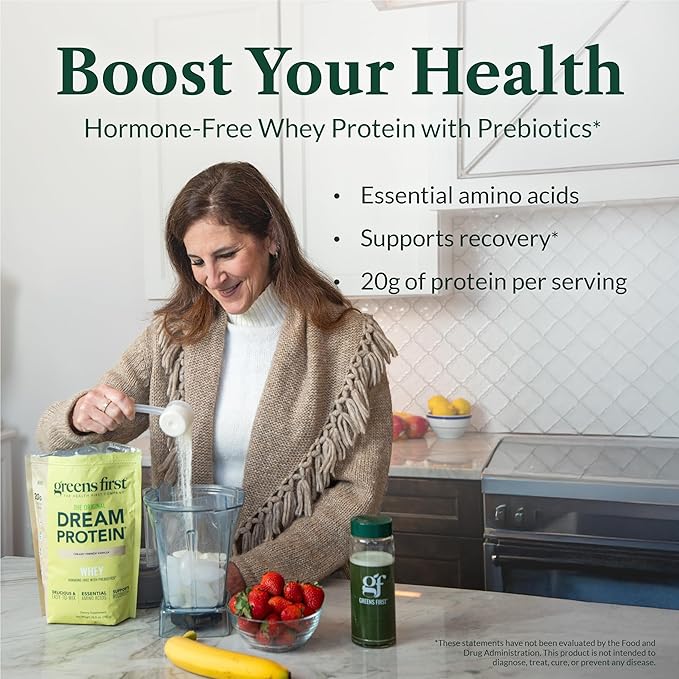 Greens First Dream Protein Powder Whey - 20g Protein Per Serving - Hormone-Free with Prebiotics - Non-GMO - No Artificial Sweeteners/MSG/Aspartame (Strawberry Cream 27.96 oz)