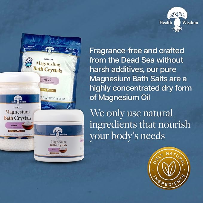 Health and Wisdom Magnesium Bath Crystals - Bath Salts with High Concentration &amp Enhanced Absorption for Muscle &amp Joint Relief - Dead Sea Sourced - Unscented - 1.75 lbs - Up to 14 Uses